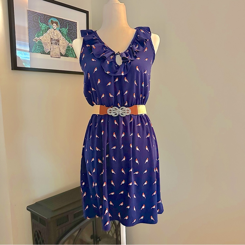 OPHELIA FOR FC FRANCESCA'S COLLECTION Navy Blue Rainbow Bird Print Dress Small